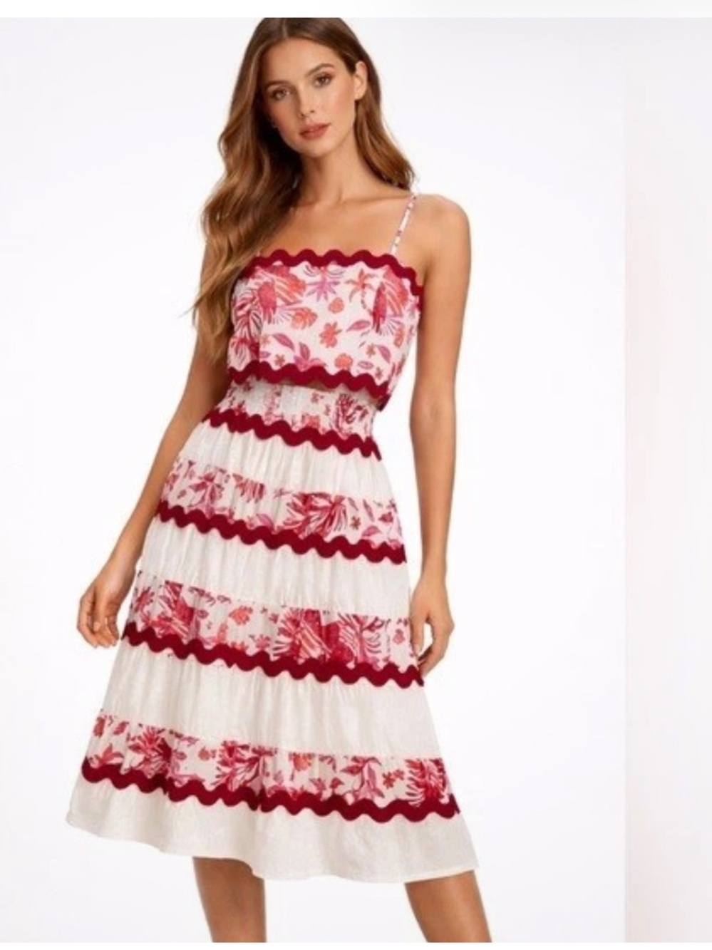Caroline Constas 🔥 Linen Tiered skirt Set with Red Embroidered Floral Stripes